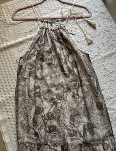 Printed Beige Golden Chiffon Round Neck MAXI