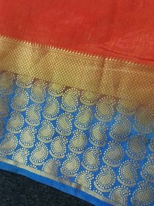 Orange Silk Saree with Blue Border