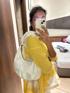 White Ruched Handbag with Pleated Handle Charm