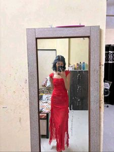 Elegant Red Ruffle Slit Gown