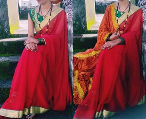 Red Saree With Stiched Blouse
