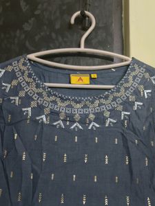 Grey Embroidered Short Top With Gold Print