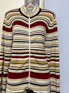 Point Zero Branded Striped Knit Zip-Up Cardigan