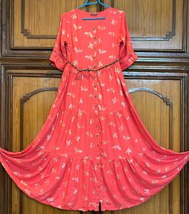 Coral Gown with Bird Print