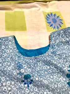 Elegant Blue Embroidered Kurti with Cutwork Hem
