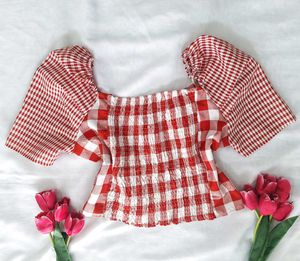 Korean Retro Gingham Print Crop Top