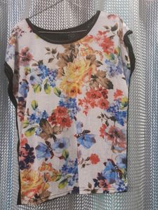 Black Multicolor Flowers Transparent Top