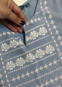 Powder Blue Printed Cotton Kurta