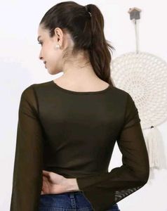 Shein Bell Sleeve Mesh Overlay Front Tie-Up Leotar