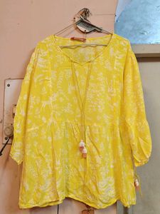Yellow Printed Top With Dori On Neck & Sleeves