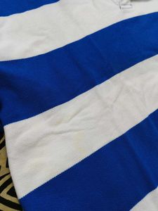 Men Blue White Striped Cotton Tshirt