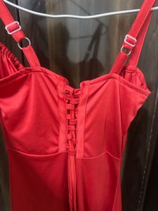 Red A-Line Tie Dress With Drawsting Neck Front