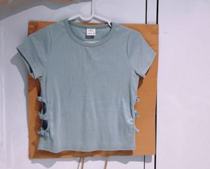 Light Blue Side Cut Out With How Crop Top
