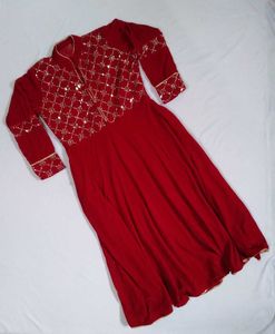 Winter wear Velvet Red Embroidered Kurta Set