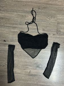 Black Halter Top & Sleeves Set