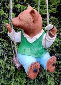 Polyresin Hanging Bear on a Swing Statue