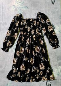 Floral Print Smocked Black Dress