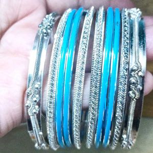 Combo Of Silver Blue And Silve Red Bangle Set