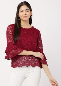 Burgundy Lace Bell Sleeve Top