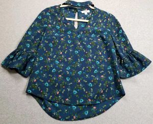Meraki Navy Blue V Neck Top With Floral Print