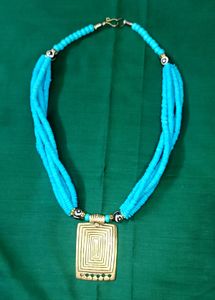 Blue Necklace With Gold Brass Pendant