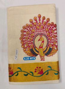 Kerala Kasavu Saree with Peacock Embroidery