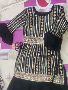 Black &amp; Golden Sequence Embroidered Kurti &amp; Shara