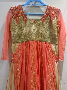 Peach Colour Anarkali Dress ( Net &amp; Silk Fabric)