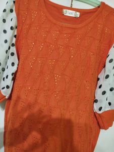 Orange Top with Polka Dot Sleeves