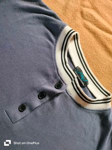 Blue Henley T-Shirt with Striped Trim