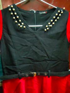 Red &amp; Black Pearl Embellished Belted Dress