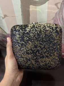 Black Golden Sequin Hard Clutch With Bead Chain