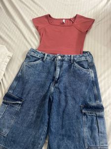 Cute Top &amp; cargo Jeans Set