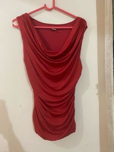 Red Cowl Neck Ruched Top