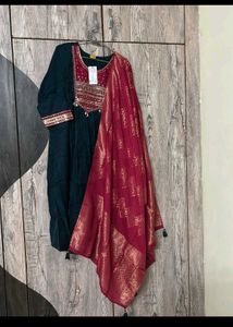 Teal Embroidered Kurti with Dupatta