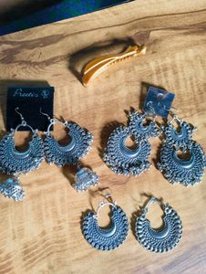 Oxidised Earrings Set And Banana Clip