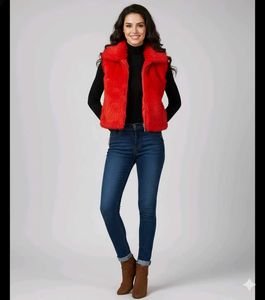 Red Faux Fur Zip Up Vest