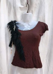 Unique Brown Top with Feather Detail