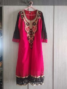 Red Kurtha With Netted Sleeves