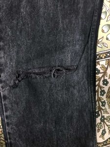 High Waist Knee Ribbed Black Wide Leg Denim