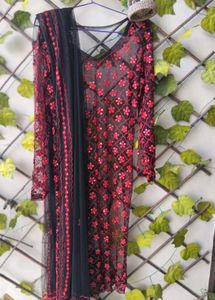 Black And Red Applique Work Suit Set