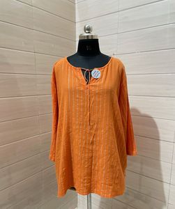 Avenue Womens Orange Metallic Stripes Blouse