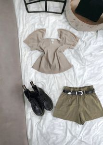 H&M Cream Beige Off Shoulder Puff Sleeve Blouse