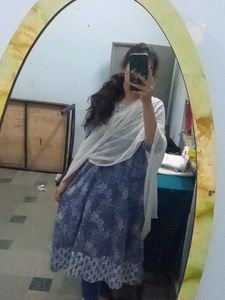 Blue  white Printed cotton anarkali frock set