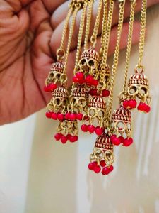 Golden Jhumka Earrings with Red Beads 💎