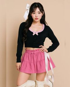 Black With Pink Bow Crop Fitted Cardigan