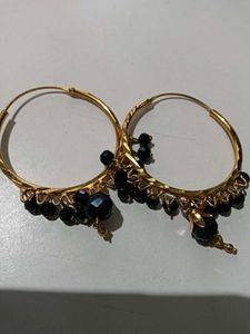 Gold Tone Hoop Earrings with Blue Beads
