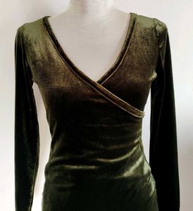 Olive Green Velvet Midi Dress