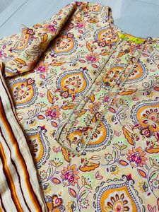 Cream Kurta Pant Set, Size-M