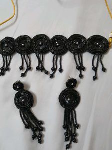 Black Beaded Choker & Earring Set